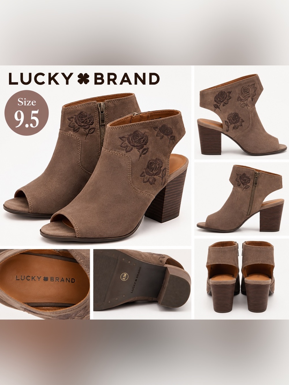 Lucky Brand Suede Rose Embroidered Peep Toe Booties Heels Size 9.5